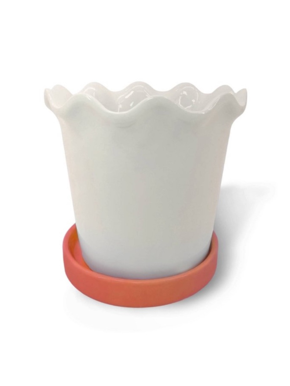 New! White Cream Scalloped Ceramic Planter with Orange Saucer, 2026
